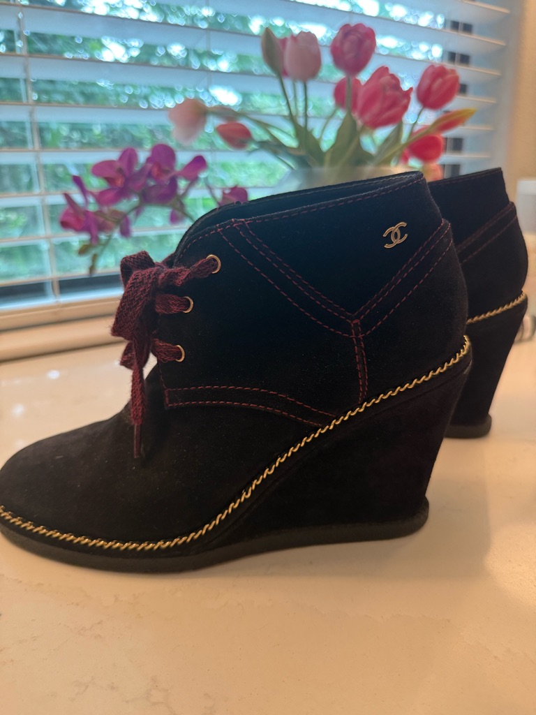 Chanel Black Suede Wedge Ankle Boots With Burgundy Stitching